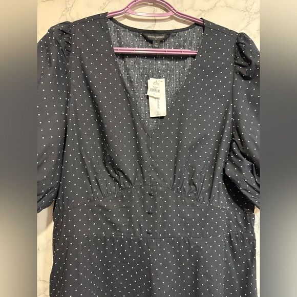 NEW Banana Republic Size 14 Black Dress White Polka Dots Puff Sleeve V-Neck - Picture 3 of 9